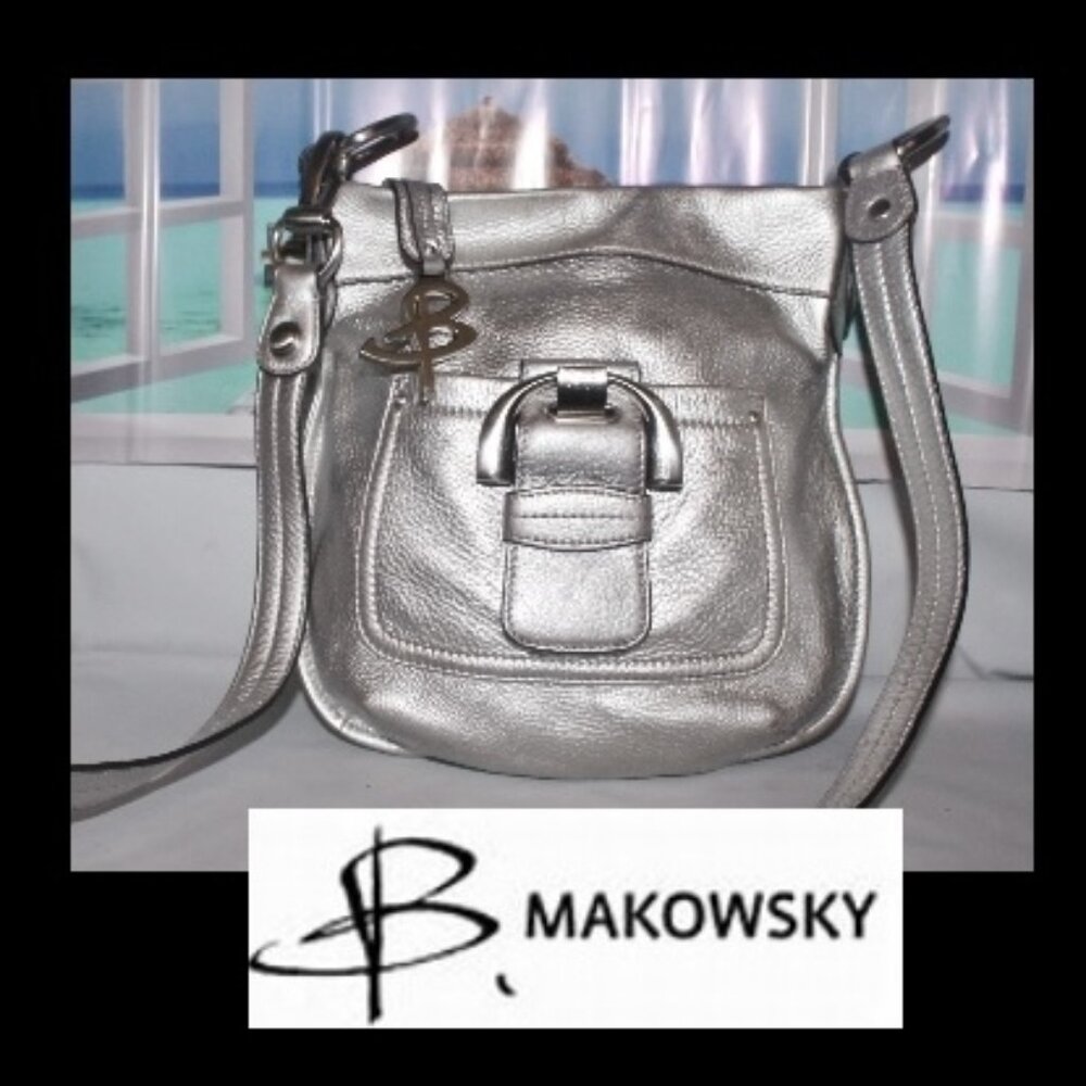 Mint Metallic B, Makowsky Trendy Cross Body Bag Purse w Bold Logo B On Zip
